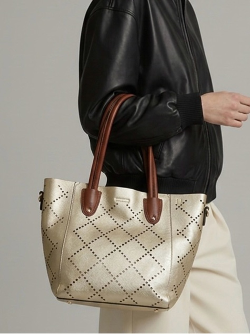 Louenhide Perforated Gold Tote Bag with Brown Handles-Vegan Leather
